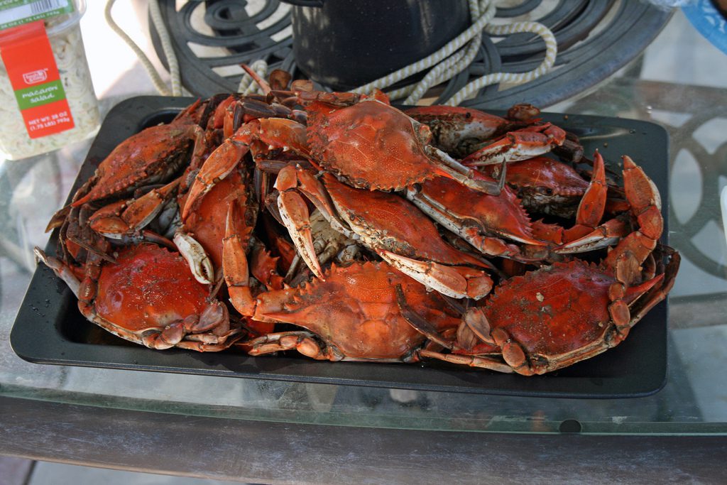 A pile of crabs on top of a black tray.