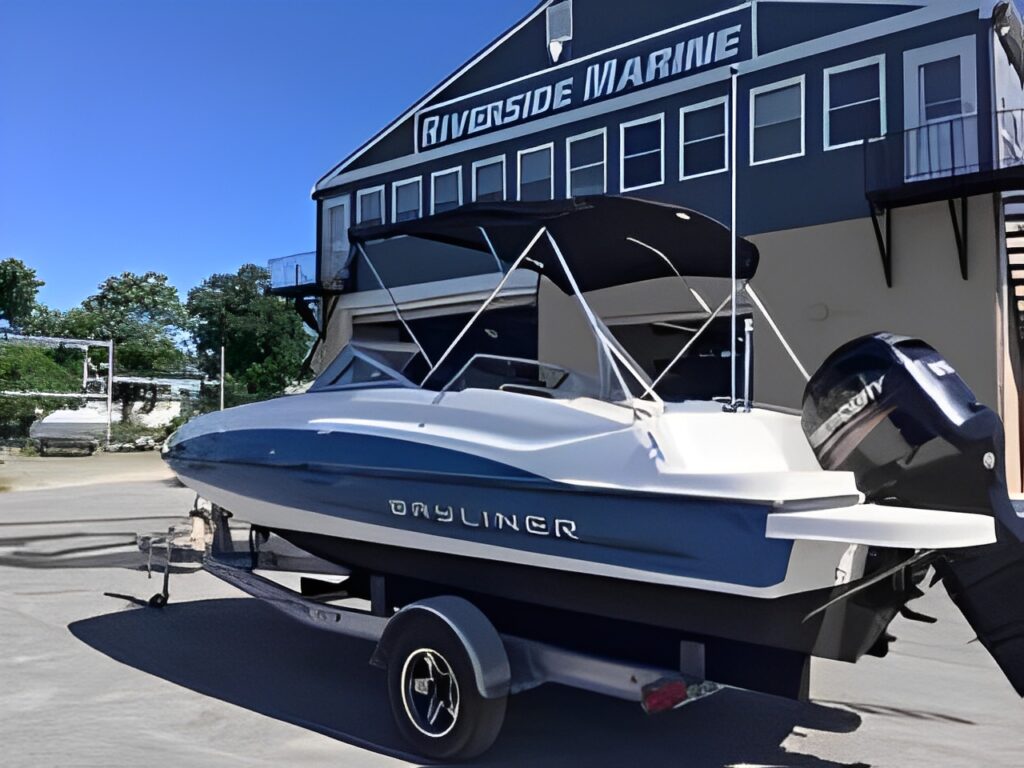 A boat parked in front of a building.